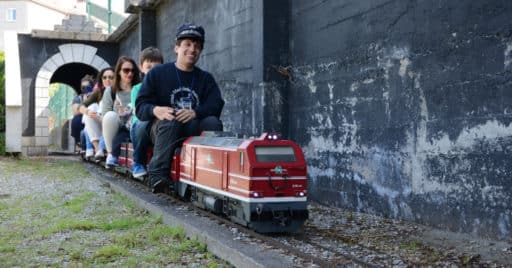 Tren del parque Os Carrileiros circulando durante la Xuntanza con un maquinista del Círculo Madrileño Ferroviario. MIGUEL BUSTOS