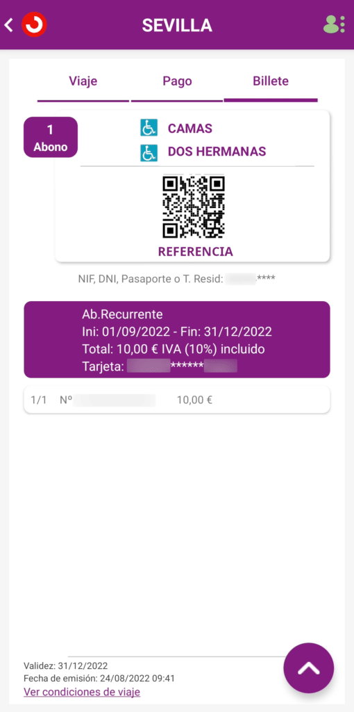 Código QR con el abono gratuito para viajar en Cercanías Sevilla